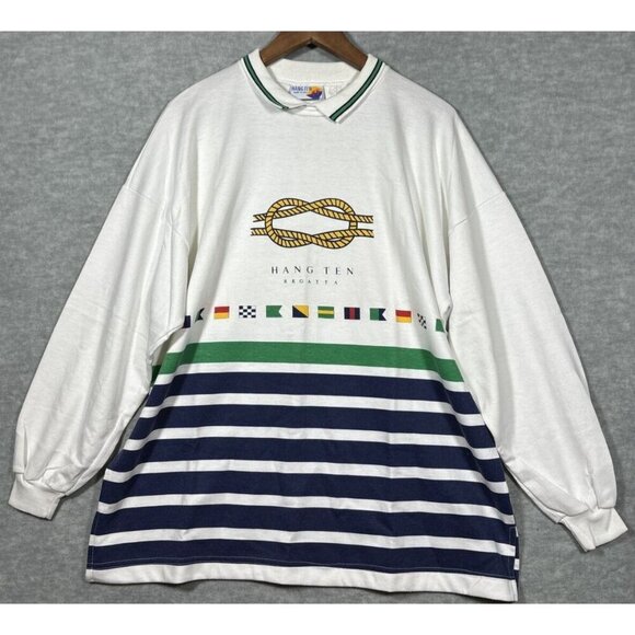 Vtg Hang Ten Mens Sweatshirt Regatta Nautical Striped Collared Made in USA Sz L - Picture 1 of 5